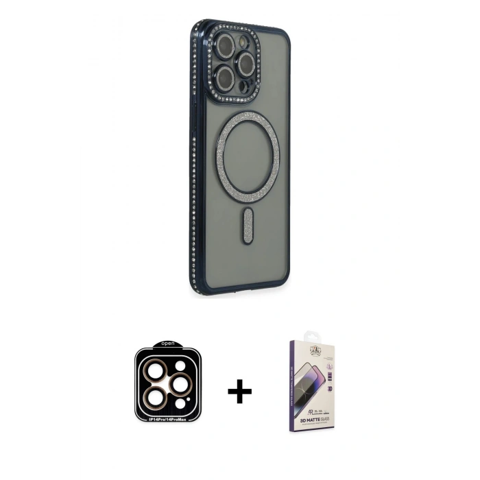 MARSİLYAN™- iPhone 15 Pro Max Kılıf Zirve Doku Prime - Siyah Bilvis 3D Mat Cam Ekran Koruyucu + PVD Metal Kamera Lens - TU