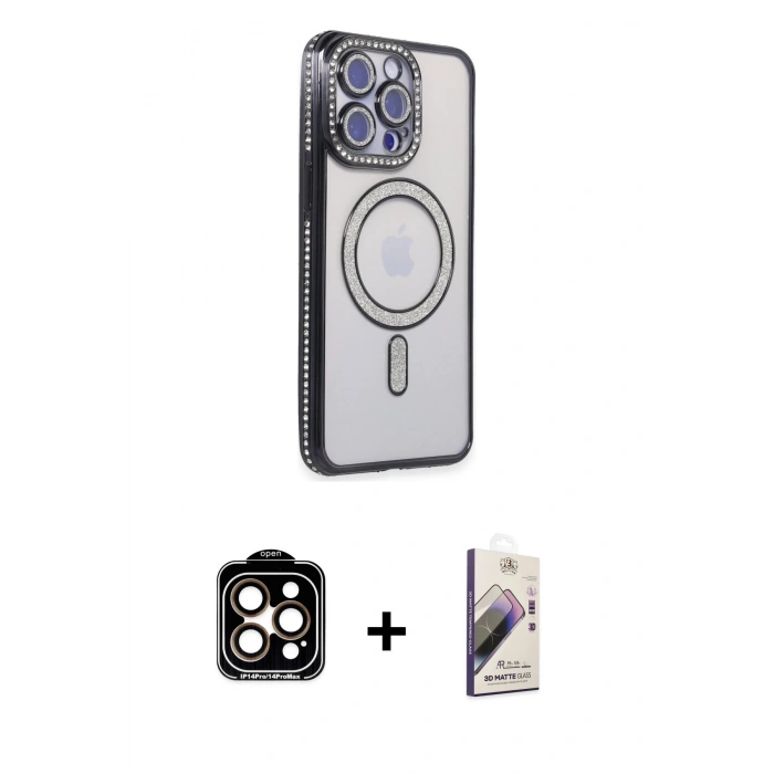 MARSİLYAN™- iPhone 15 Pro Max Kılıf Zirve Doku Prime - Siyah Bilvis 3D Mat Cam Ekran Koruyucu + PVD Metal Kamera Lens - TU