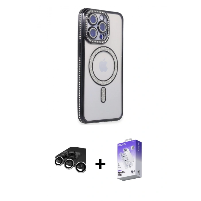 MARSİLYAN™- iPhone 15 Pro Max Kılıf Zirve Doku Prime - Siyah Bilvis 5in1 3D Magic Cam Ekran Koruyucu + Gümüş Raze Metal Kamera Lens