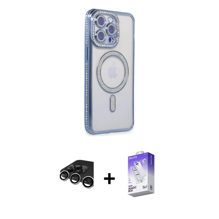 MARSİLYAN™- iPhone 15 Pro Max Kılıf Zirve Doku Prime - Siyah Bilvis 5in1 3D Magic Cam Ekran Koruyucu + Gümüş Raze Metal Kamera Lens