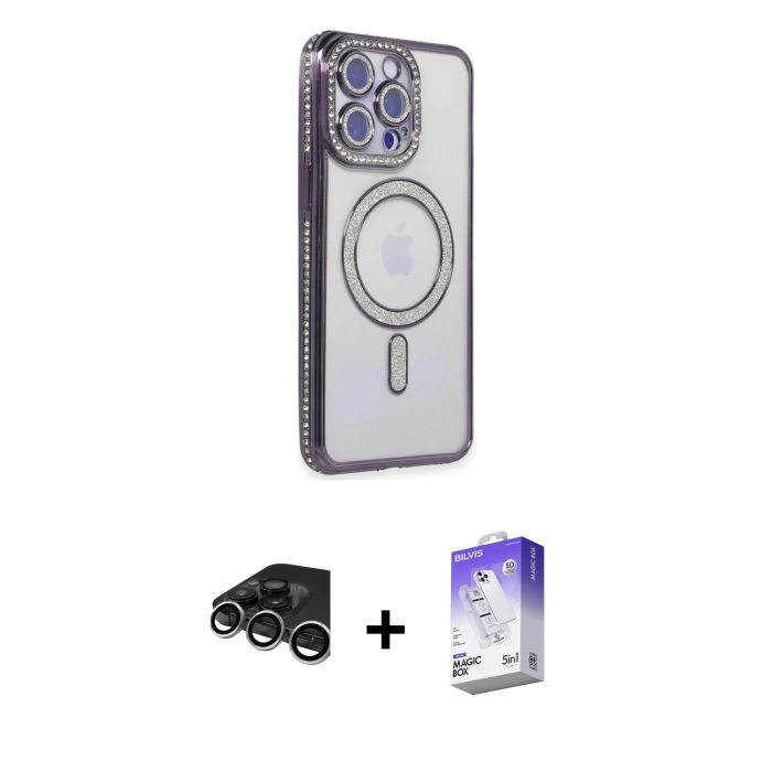 MARSİLYAN™- iPhone 15 Pro Max Kılıf Zirve Doku Prime - Siyah Bilvis 5in1 3D Magic Cam Ekran Koruyucu + Gümüş Raze Metal Kamera Lens