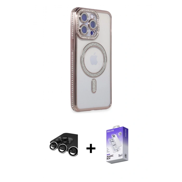 MARSİLYAN™- iPhone 15 Pro Max Kılıf Zirve Doku Prime - Siyah Bilvis 5in1 3D Magic Cam Ekran Koruyucu + Gümüş Raze Metal Kamera Lens