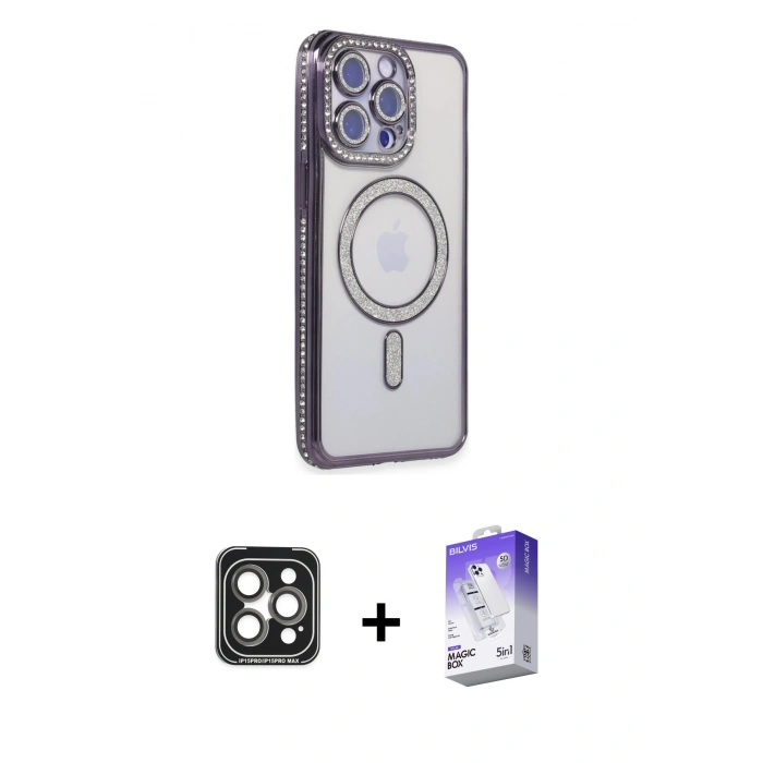 MARSİLYAN™- iPhone 15 Pro Max Kılıf Zirve Doku Prime - Siyah Bilvis 5in1 3D Magic Cam Ekran Koruyucu + PVD Metal Kamera Lens - GI
