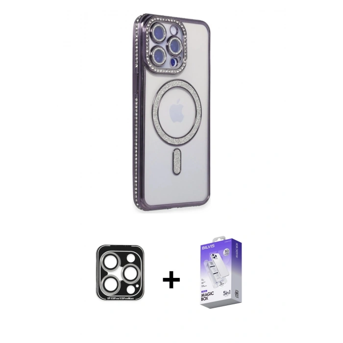 MARSİLYAN™- iPhone 15 Pro Max Kılıf Zirve Doku Prime - Siyah Bilvis 5in1 3D Magic Cam Ekran Koruyucu + PVD Metal Kamera Lens - GS