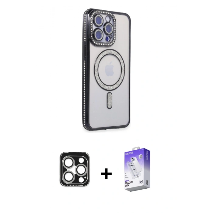 MARSİLYAN™- iPhone 15 Pro Max Kılıf Zirve Doku Prime - Siyah Bilvis 5in1 3D Magic Cam Ekran Koruyucu + PVD Metal Kamera Lens - GS