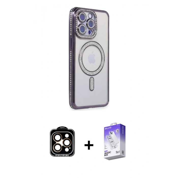 MARSİLYAN™- iPhone 15 Pro Max Kılıf Zirve Doku Prime - Siyah Bilvis 5in1 3D Magic Cam Ekran Koruyucu + PVD Metal Kamera Lens - TU