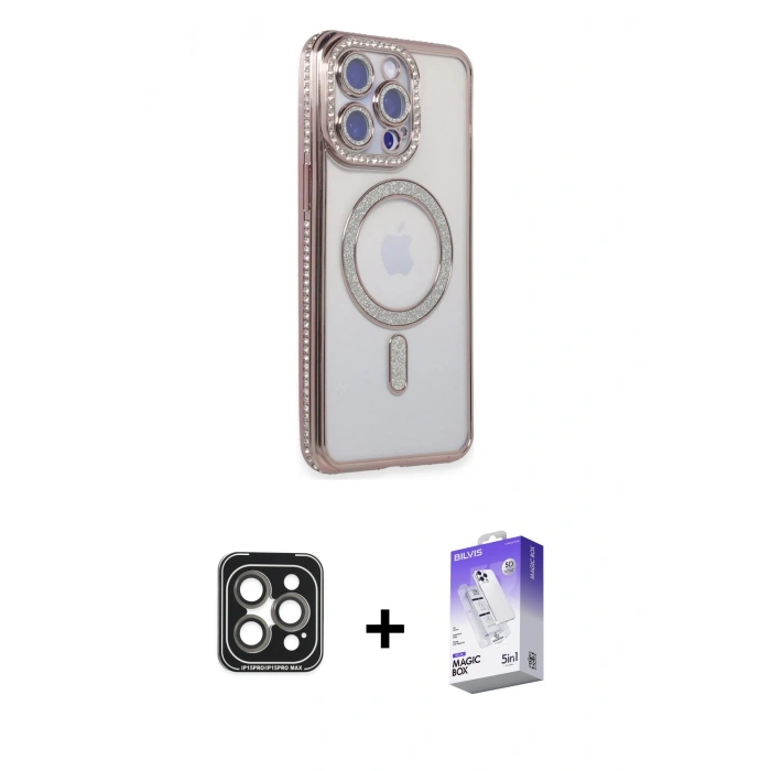 MARSİLYAN™- iPhone 15 Pro Max Kılıf Zirve Doku Prime - Siyah Bilvis 5in1 3D Magic Cam Ekran Koruyucu + PVD Metal Kamera Lens - GI