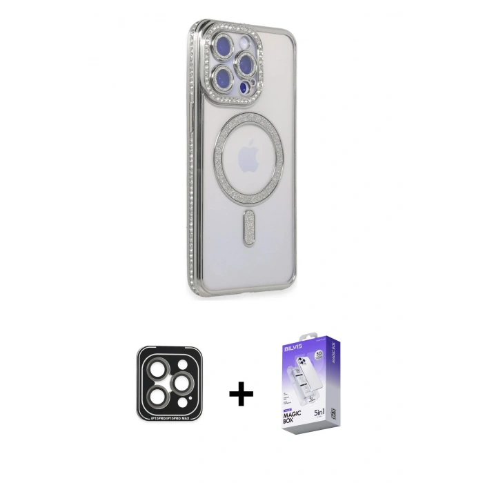 MARSİLYAN™- iPhone 15 Pro Max Kılıf Zirve Doku Prime - Siyah Bilvis 5in1 3D Magic Cam Ekran Koruyucu + PVD Metal Kamera Lens - GI