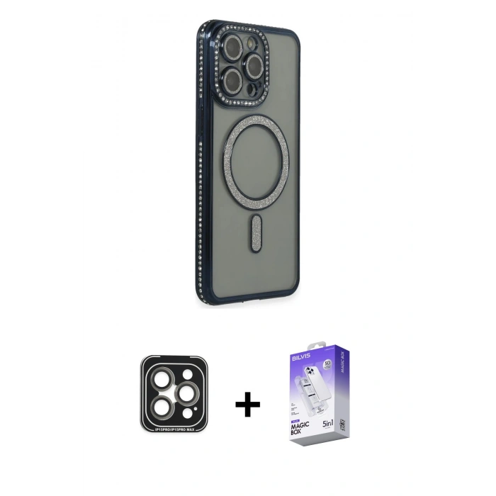 MARSİLYAN™- iPhone 15 Pro Max Kılıf Zirve Doku Prime - Siyah Bilvis 5in1 3D Magic Cam Ekran Koruyucu + PVD Metal Kamera Lens - GI