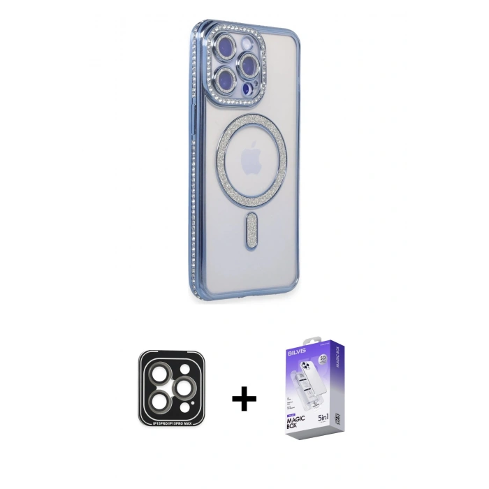 MARSİLYAN™- iPhone 15 Pro Max Kılıf Zirve Doku Prime - Siyah Bilvis 5in1 3D Magic Cam Ekran Koruyucu + PVD Metal Kamera Lens - GI