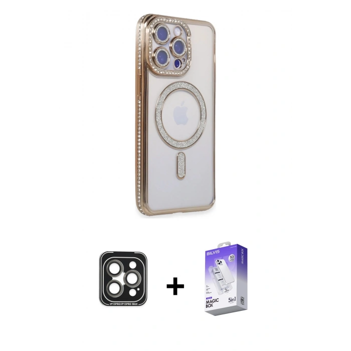 MARSİLYAN™- iPhone 15 Pro Max Kılıf Zirve Doku Prime - Siyah Bilvis 5in1 3D Magic Cam Ekran Koruyucu + PVD Metal Kamera Lens - GI