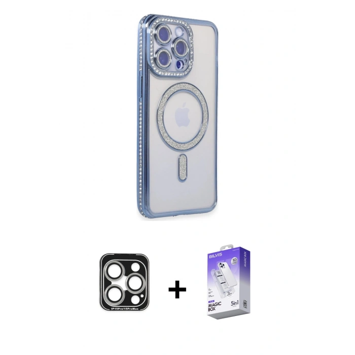 MARSİLYAN™- iPhone 15 Pro Max Kılıf Zirve Doku Prime - Siyah Bilvis 5in1 3D Magic Cam Ekran Koruyucu + PVD Metal Kamera Lens - GS