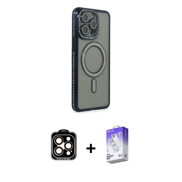 MARSİLYAN™- iPhone 15 Pro Max Kılıf Zirve Doku Prime - Siyah Bilvis 5in1 3D Magic Cam Ekran Koruyucu + PVD Metal Kamera Lens - TU