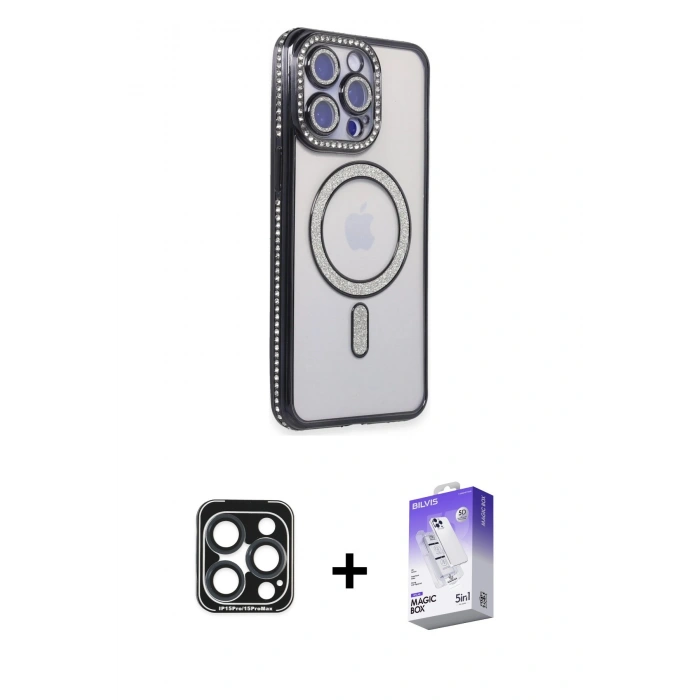 MARSİLYAN™- iPhone 15 Pro Max Kılıf Zirve Doku Prime - Siyah Bilvis 5in1 3D Magic Cam Ekran Koruyucu + PVD Metal Kamera Lens - LT