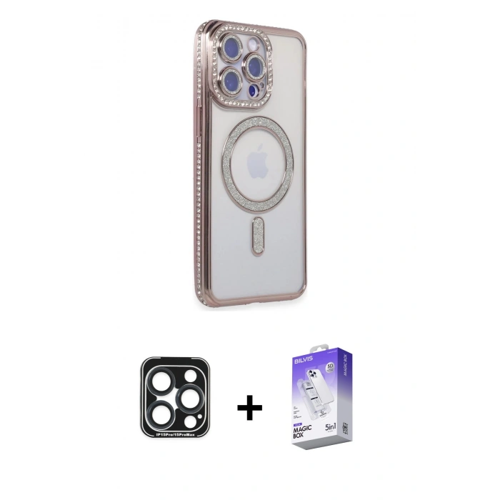 MARSİLYAN™- iPhone 15 Pro Max Kılıf Zirve Doku Prime - Siyah Bilvis 5in1 3D Magic Cam Ekran Koruyucu + PVD Metal Kamera Lens - LT