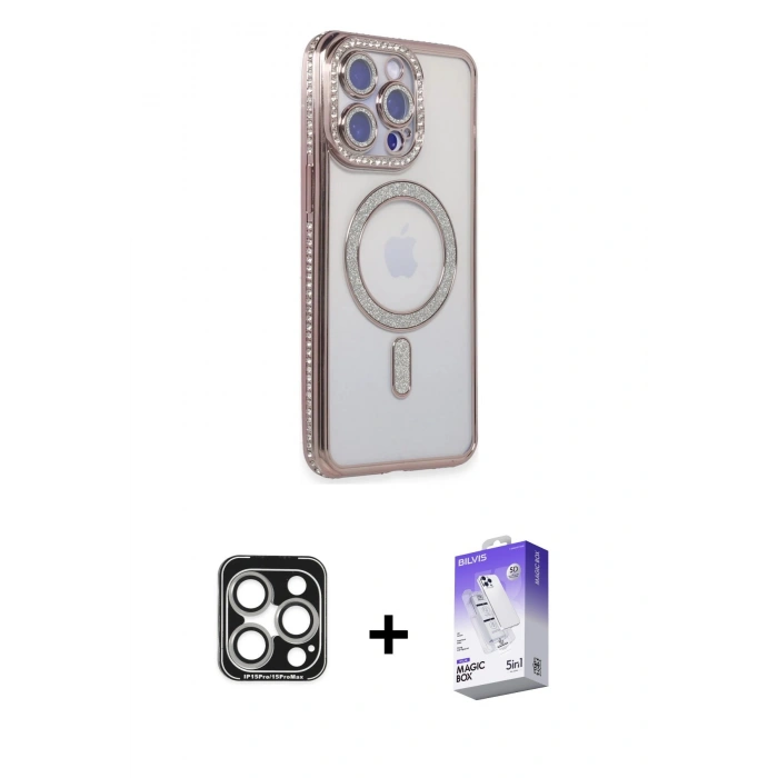 MARSİLYAN™- iPhone 15 Pro Max Kılıf Zirve Doku Prime - Siyah Bilvis 5in1 3D Magic Cam Ekran Koruyucu + PVD Metal Kamera Lens - GS