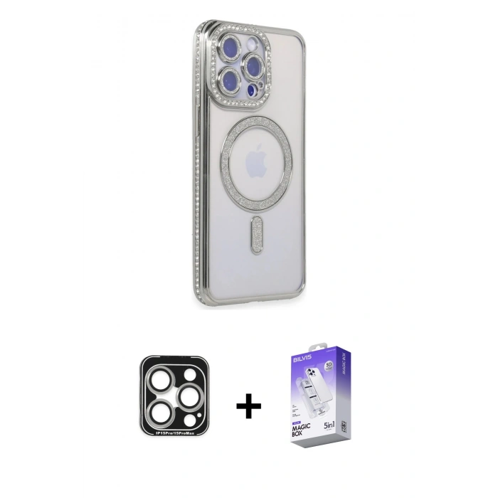 MARSİLYAN™- iPhone 15 Pro Max Kılıf Zirve Doku Prime - Siyah Bilvis 5in1 3D Magic Cam Ekran Koruyucu + PVD Metal Kamera Lens - GS