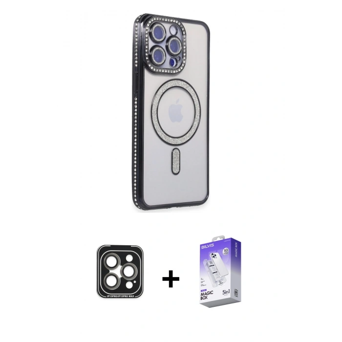 MARSİLYAN™- iPhone 15 Pro Max Kılıf Zirve Doku Prime - Siyah Bilvis 5in1 3D Magic Cam Ekran Koruyucu + PVD Metal Kamera Lens - GI