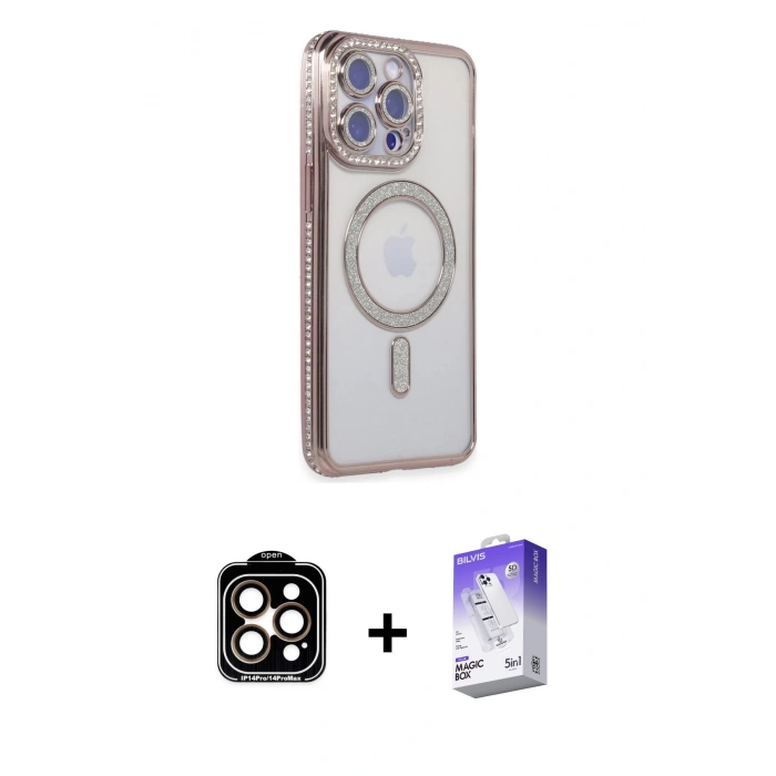 MARSİLYAN™- iPhone 15 Pro Max Kılıf Zirve Doku Prime - Siyah Bilvis 5in1 3D Magic Cam Ekran Koruyucu + PVD Metal Kamera Lens - TU