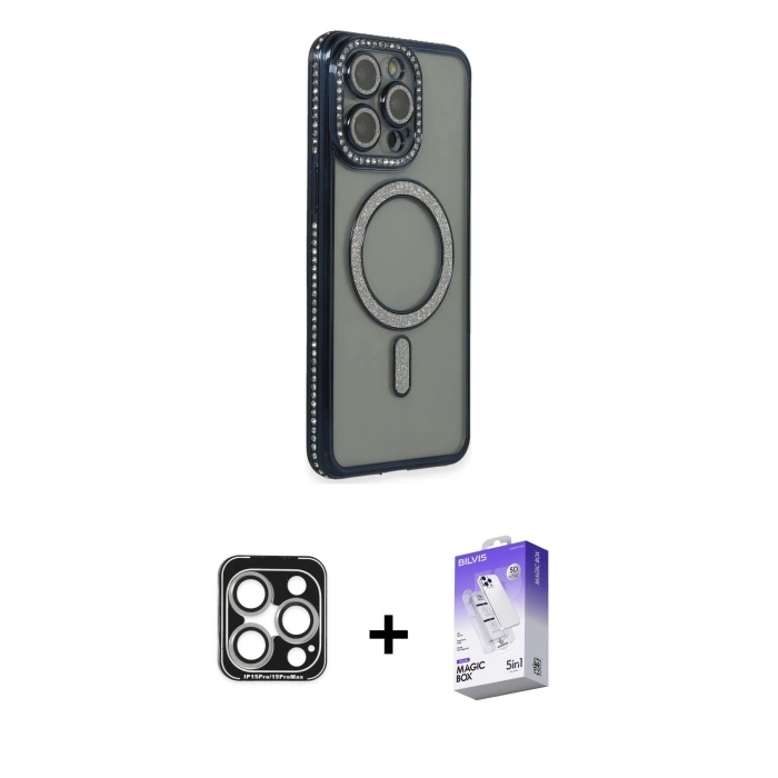 MARSİLYAN™- iPhone 15 Pro Max Kılıf Zirve Doku Prime - Siyah Bilvis 5in1 3D Magic Cam Ekran Koruyucu + PVD Metal Kamera Lens - GS
