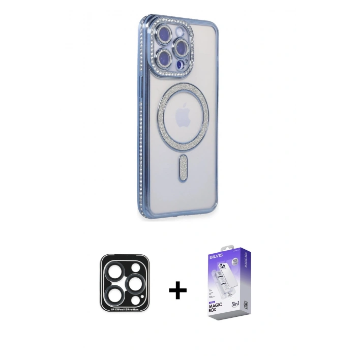 MARSİLYAN™- iPhone 15 Pro Max Kılıf Zirve Doku Prime - Siyah Bilvis 5in1 3D Magic Cam Ekran Koruyucu + PVD Metal Kamera Lens - LT