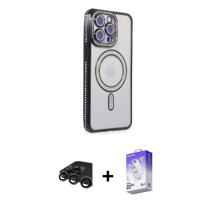 MARSİLYAN™- iPhone 15 Pro Max Kılıf Zirve Doku Prime - Siyah Bilvis 5in1 3D Magic Cam Ekran Koruyucu + Raze Metal Kamera Lens - TMGI