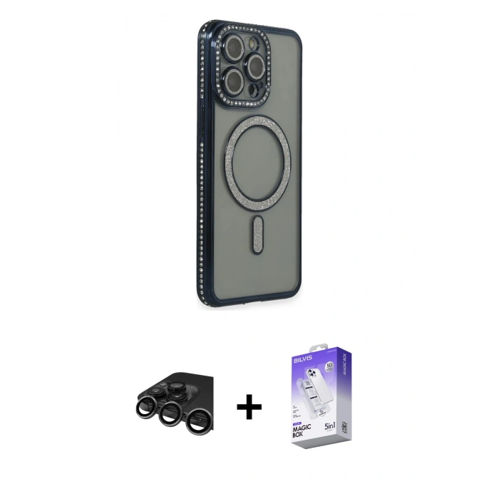 MARSİLYAN™- iPhone 15 Pro Max Kılıf Zirve Doku Prime - Siyah Bilvis 5in1 3D Magic Cam Ekran Koruyucu + Raze Metal Kamera Lens - TMGI