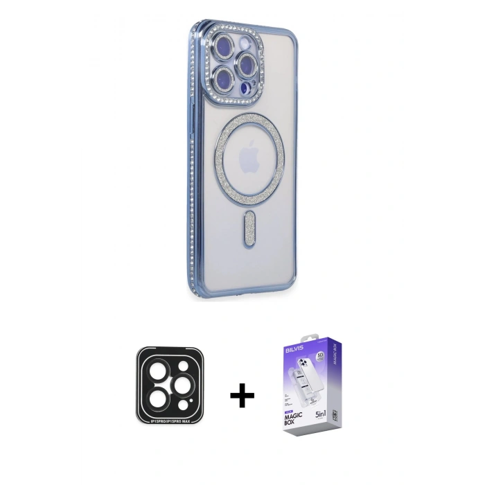 MARSİLYAN™- iPhone 15 Pro Max Kılıf Zirve Doku Prime - Siyah Bilvis 5in1 3D Magic Cam Ekran Koruyucu + PVD Metal Kamera Lens - SH