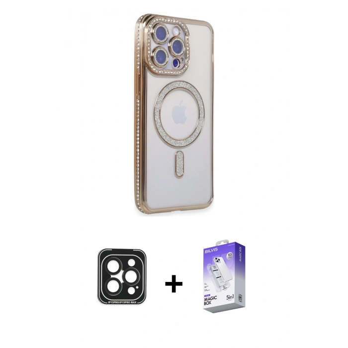 MARSİLYAN™- iPhone 15 Pro Max Kılıf Zirve Doku Prime - Siyah Bilvis 5in1 3D Magic Cam Ekran Koruyucu + PVD Metal Kamera Lens - SH