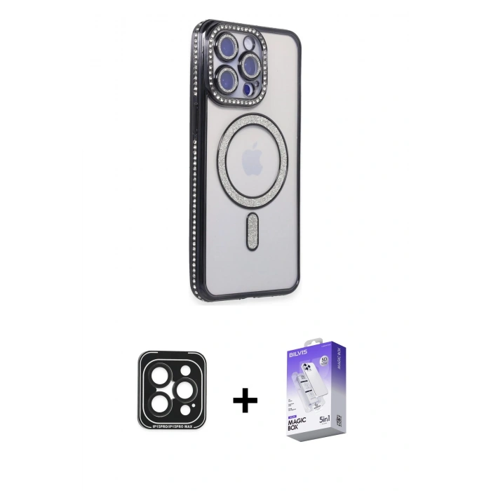 MARSİLYAN™- iPhone 15 Pro Max Kılıf Zirve Doku Prime - Siyah Bilvis 5in1 3D Magic Cam Ekran Koruyucu + PVD Metal Kamera Lens - SH