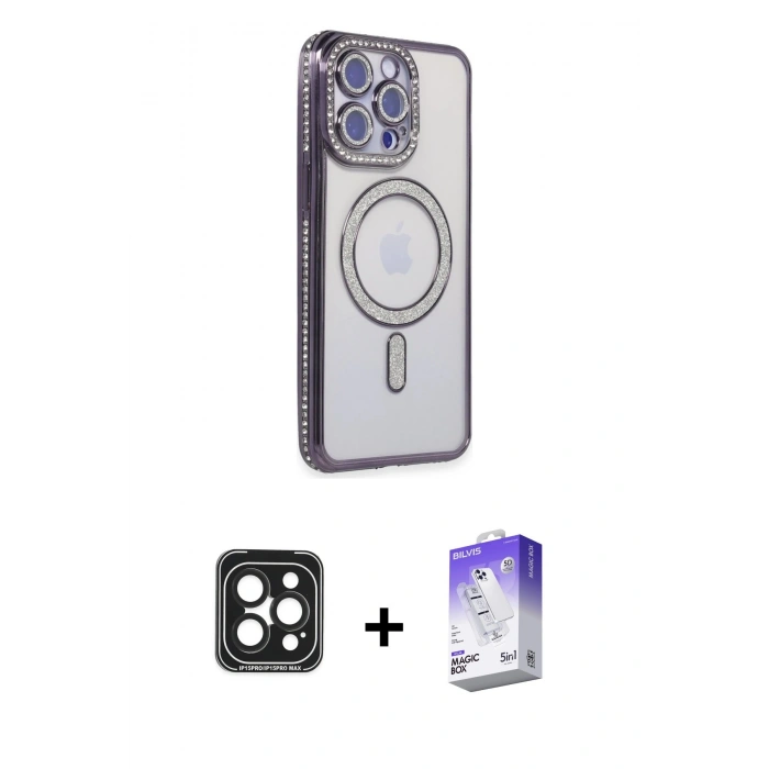 MARSİLYAN™- iPhone 15 Pro Max Kılıf Zirve Doku Prime - Siyah Bilvis 5in1 3D Magic Cam Ekran Koruyucu + PVD Metal Kamera Lens - SH