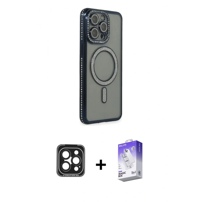 MARSİLYAN™- iPhone 15 Pro Max Kılıf Zirve Doku Prime - Siyah Bilvis 5in1 3D Magic Cam Ekran Koruyucu + PVD Metal Kamera Lens - SH