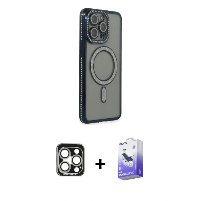 MARSİLYAN™- iPhone 15 Pro Max Kılıf Zirve Doku Prime - Siyah Bilvis 5in1 5D Magic Hayalet Cam Ekran Koruyucu + PVD Metal Kamera Lens - GS