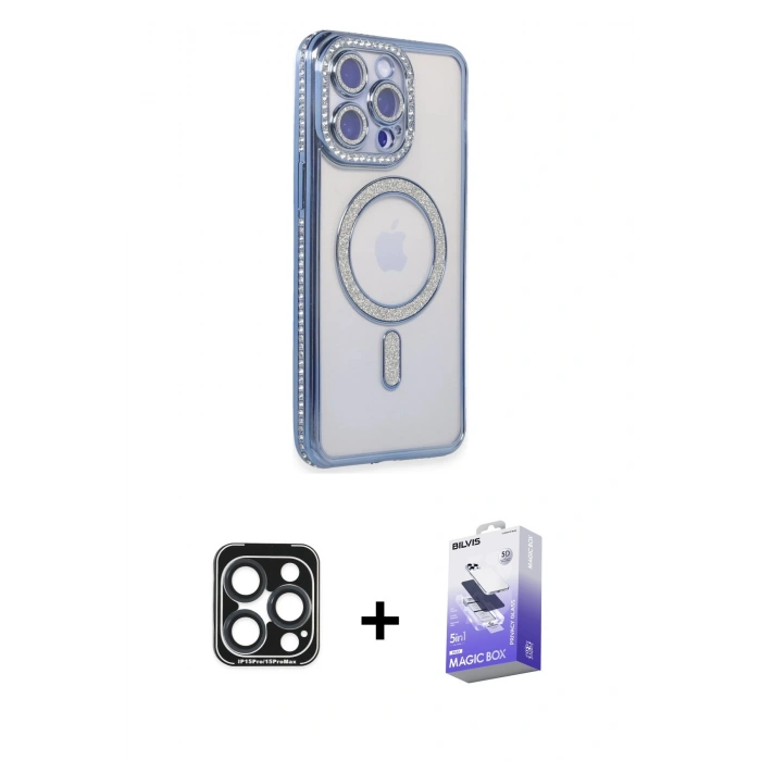 MARSİLYAN™- iPhone 15 Pro Max Kılıf Zirve Doku Prime - Siyah Bilvis 5in1 5D Magic Hayalet Cam Ekran Koruyucu + PVD Metal Kamera Lens - LT