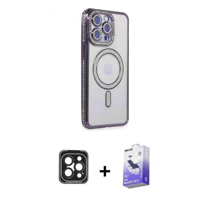 MARSİLYAN™- iPhone 15 Pro Max Kılıf Zirve Doku Prime - Siyah Bilvis 5in1 5D Magic Hayalet Cam Ekran Koruyucu + Siyah PVD Metal Kamera Lens