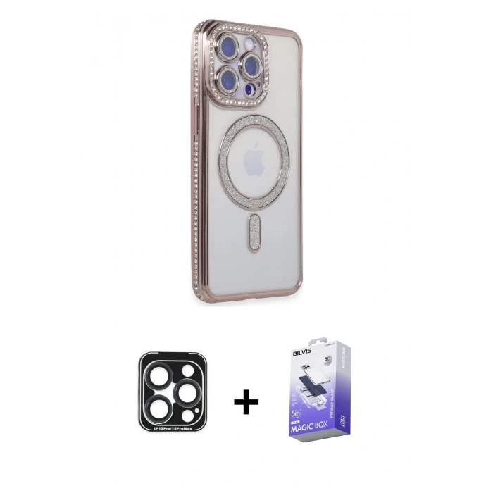 MARSİLYAN™- iPhone 15 Pro Max Kılıf Zirve Doku Prime - Siyah Bilvis 5in1 5D Magic Hayalet Cam Ekran Koruyucu + PVD Metal Kamera Lens - LT