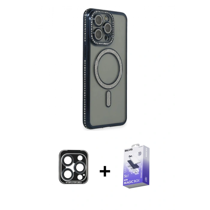MARSİLYAN™- iPhone 15 Pro Max Kılıf Zirve Doku Prime - Siyah Bilvis 5in1 5D Magic Hayalet Cam Ekran Koruyucu + PVD Metal Kamera Lens - LT