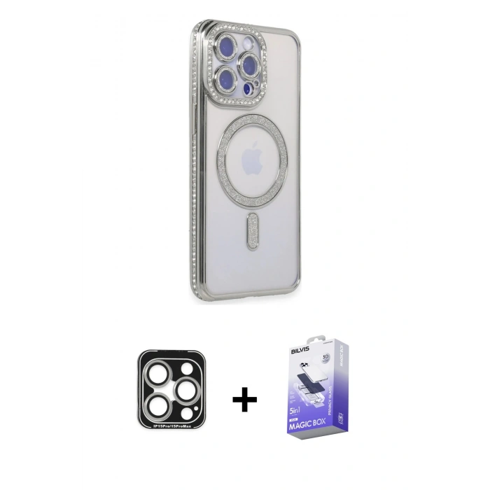 MARSİLYAN™- iPhone 15 Pro Max Kılıf Zirve Doku Prime - Siyah Bilvis 5in1 5D Magic Hayalet Cam Ekran Koruyucu + PVD Metal Kamera Lens - GS