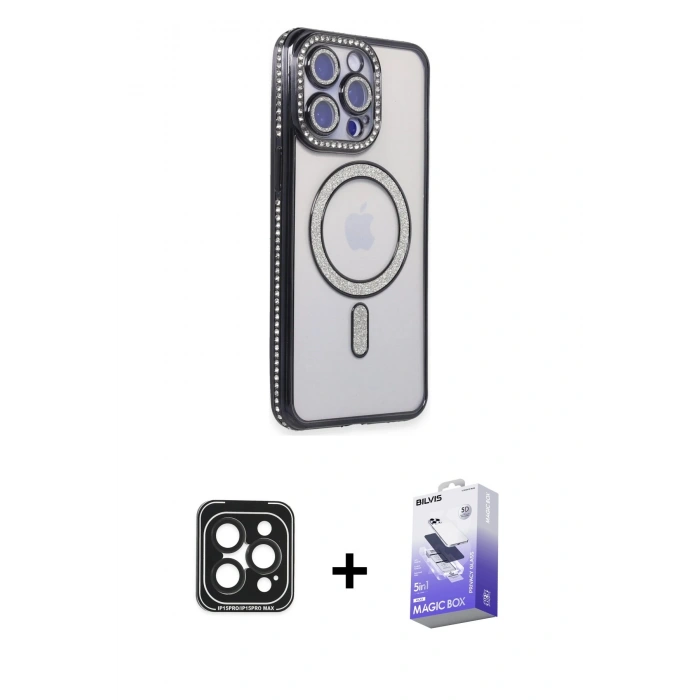MARSİLYAN™- iPhone 15 Pro Max Kılıf Zirve Doku Prime - Siyah Bilvis 5in1 5D Magic Hayalet Cam Ekran Koruyucu + Siyah PVD Metal Kamera Lens