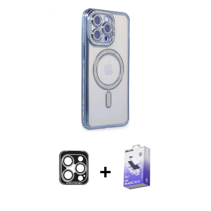 MARSİLYAN™- iPhone 15 Pro Max Kılıf Zirve Doku Prime - Siyah Bilvis 5in1 5D Magic Hayalet Cam Ekran Koruyucu + PVD Metal Kamera Lens - GS