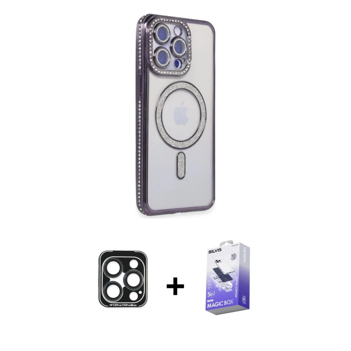MARSİLYAN™- iPhone 15 Pro Max Kılıf Zirve Doku Prime - Siyah Bilvis 5in1 5D Magic Hayalet Cam Ekran Koruyucu + PVD Metal Kamera Lens - LT
