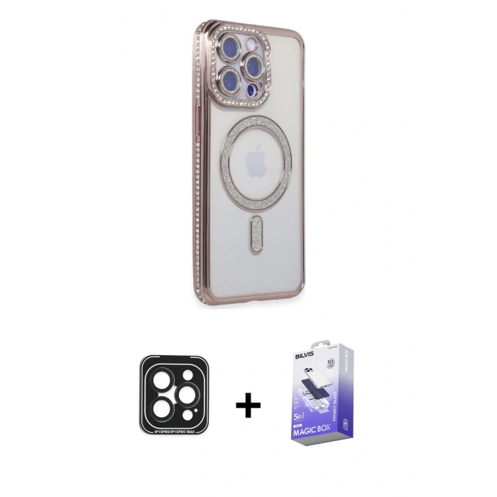 MARSİLYAN™- iPhone 15 Pro Max Kılıf Zirve Doku Prime - Siyah Bilvis 5in1 5D Magic Hayalet Cam Ekran Koruyucu + Siyah PVD Metal Kamera Lens