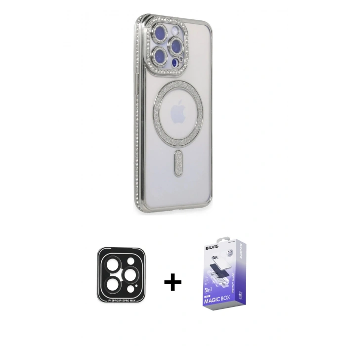 MARSİLYAN™- iPhone 15 Pro Max Kılıf Zirve Doku Prime - Siyah Bilvis 5in1 5D Magic Hayalet Cam Ekran Koruyucu + Siyah PVD Metal Kamera Lens