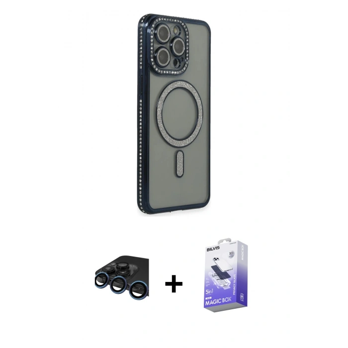 MARSİLYAN™- iPhone 15 Pro Max Kılıf Zirve Doku Prime - Siyah Bilvis 5in1 5D Magic Hayalet Cam Ekran Koruyucu + Raze Metal Kamera Lens - LT