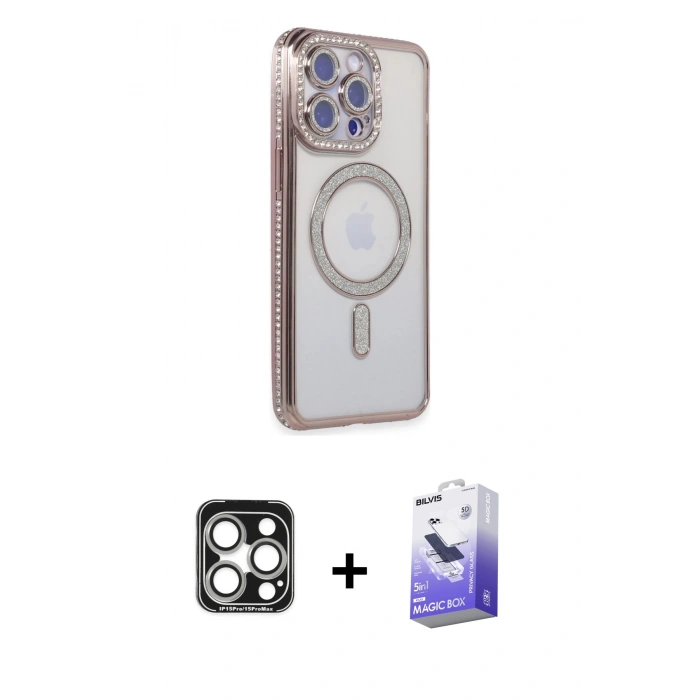 MARSİLYAN™- iPhone 15 Pro Max Kılıf Zirve Doku Prime - Siyah Bilvis 5in1 5D Magic Hayalet Cam Ekran Koruyucu + PVD Metal Kamera Lens - GS