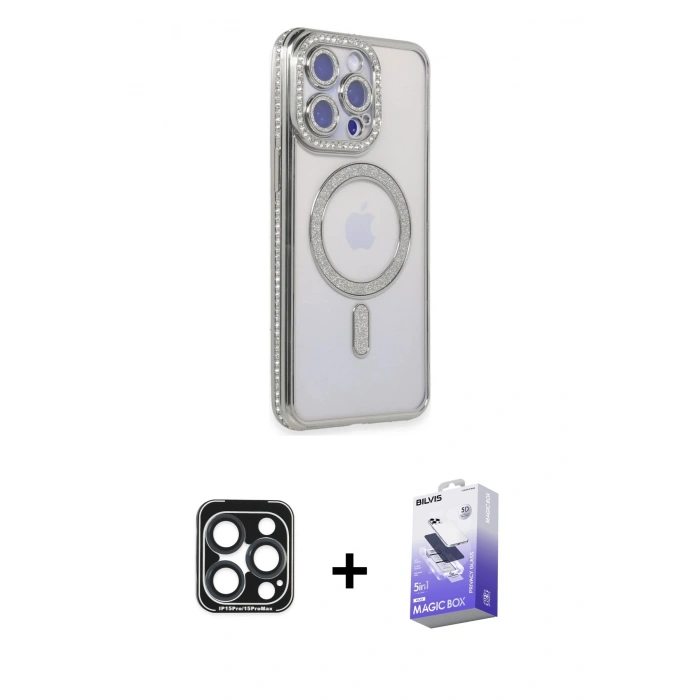 MARSİLYAN™- iPhone 15 Pro Max Kılıf Zirve Doku Prime - Siyah Bilvis 5in1 5D Magic Hayalet Cam Ekran Koruyucu + PVD Metal Kamera Lens - LT