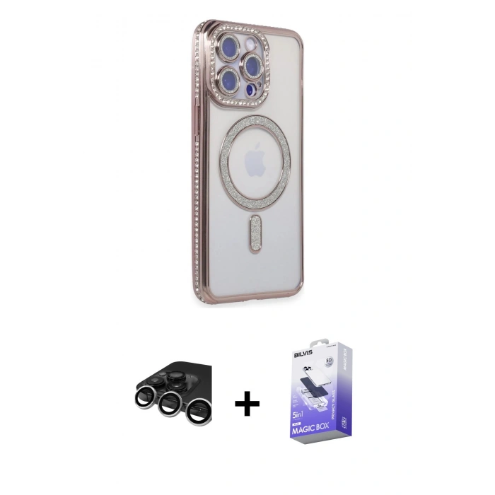 MARSİLYAN™- iPhone 15 Pro Max Kılıf Zirve Doku Prime - Siyah Bilvis 5in1 5D Magic Hayalet Cam Ekran Koruyucu + Raze Metal Kamera Lens - GS