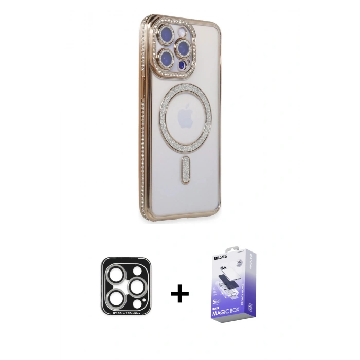MARSİLYAN™- iPhone 15 Pro Max Kılıf Zirve Doku Prime - Siyah Bilvis 5in1 5D Magic Hayalet Cam Ekran Koruyucu + PVD Metal Kamera Lens - GS