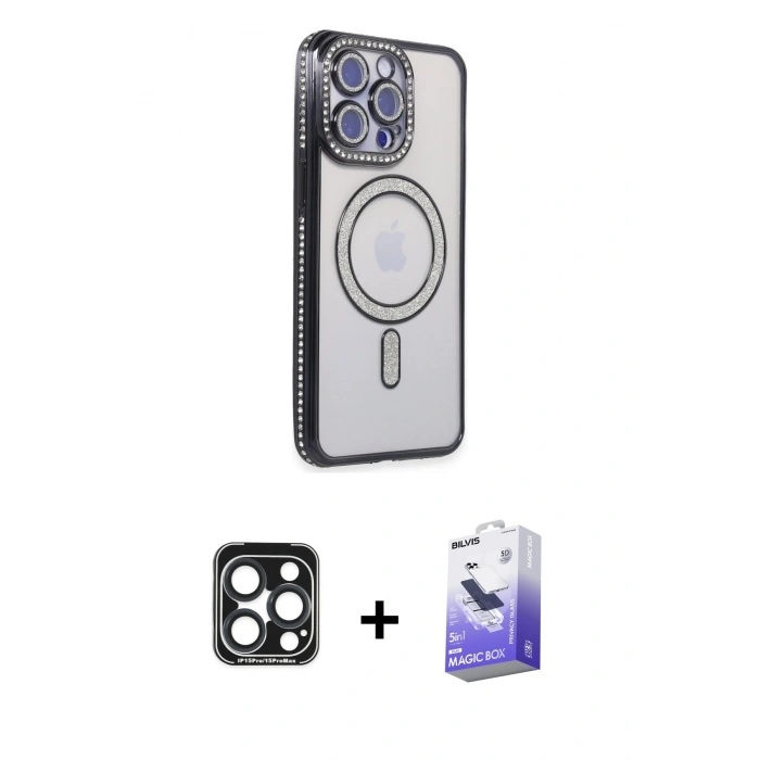 MARSİLYAN™- iPhone 15 Pro Max Kılıf Zirve Doku Prime - Siyah Bilvis 5in1 5D Magic Hayalet Cam Ekran Koruyucu + PVD Metal Kamera Lens - LT