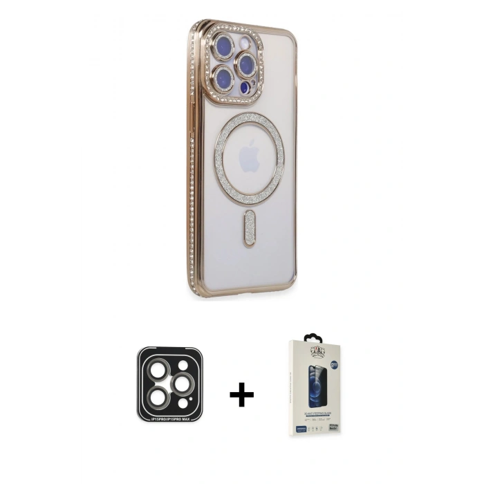 MARSİLYAN™- iPhone 15 Pro Max Kılıf Zirve Doku Prime - Siyah Bilvis Hayalet Cam Ekran Koruyucu + PVD Metal Kamera Lens - GI